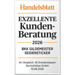 Testsiegel "Handelsblatt – exzellente Kundenberatung" aus dem Jahr 2026