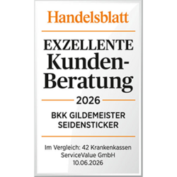 Testsiegel "Handelsblatt – exzellente Kundenberatung" aus dem Jahr 2026
