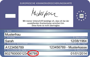 Die Rückseite einer Krankenversicherungskarte. In den Detailfeldern sind Musterdaten eingetragen.