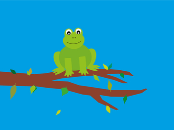 BKK GS Minikit Illustration - Ein Frosch sitzt auf einem Ast vor einem blauen Hintergrund.