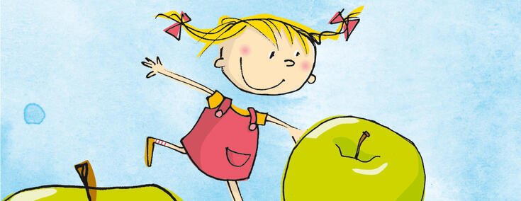 Illustration von kleinem Mädchen läuft auf großen Äpfeln