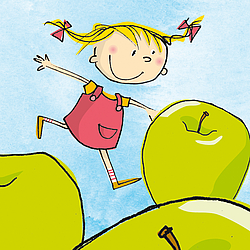 Florina Fit springt herum. In Vorder- und Hintergrund sind Äpfel.