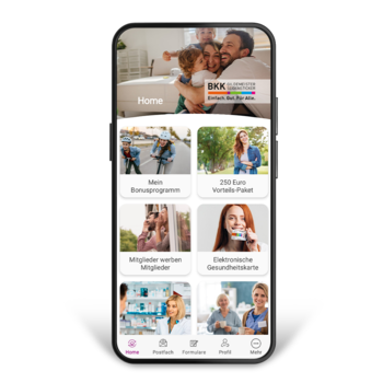 Auf dem Display eines Smartphones sieht man die Startseite der BKK GS-App.