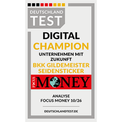 Testsiegel von Focus Money mit der Auszeichnung "digital Champion" für die BKK GILDEMEISTER SEIDENSTICKER