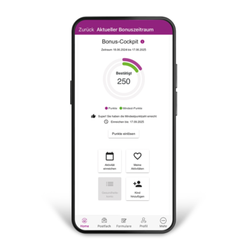 Auf dem Dispaly eines Smartphones sieht man die geöffnete BKK GS-App mit Informationen zum Bonus-Programm.