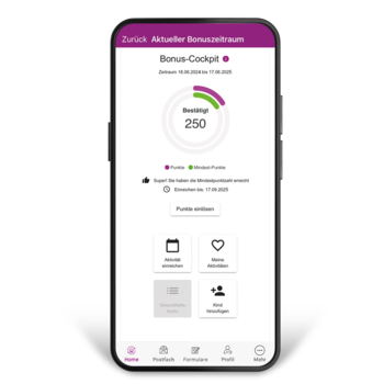 Auf dem Dispaly eines Smartphones sieht man die geöffnete BKK GS-App mit Informationen zum Bonus-Programm.