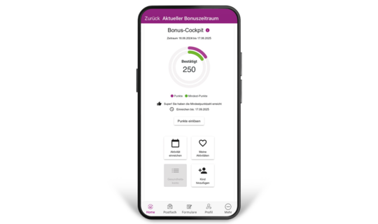 Auf dem Dispaly eines Smartphones sieht man die geöffnete BKK GS-App mit Informationen zum Bonus-Programm.