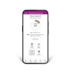 Auf dem Dispaly eines Smartphones sieht man die geöffnete BKK GS-App mit Informationen zum Bonus-Programm.