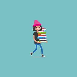 Illustration einer Frau mit pinker Mütze, die einen Stapel Bücker trägt.