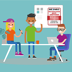 Illustration mehrerer Personen an einem Schreibtisch. Im Hintergrund ist ein Testsiegel "Deutschlands beste Arbeitgeber".