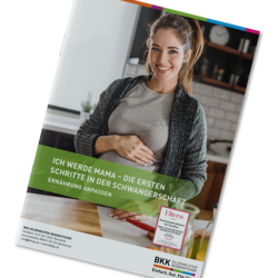 BKK GS Broschüre mit dem Titel: Ich werde Mama - Die ersten Schritte in der Schwangerschaft. 