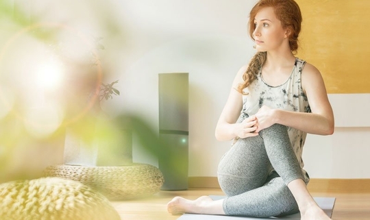 Eine junge Frau mit langen lockigen Haaren sitzt in Sportkleidung auf einer Yogamatte. Sie macht eine Hatha-Yoga-Pose.