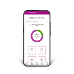 Auf dem Display eines Smartphones sieht man die BKK GS-App mit Informationen zum 250€ Vorteilspaket.