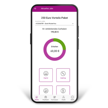Auf dem Display eines Smartphones sieht man die BKK GS-App mit Informationen zum 250€ Vorteilspaket.