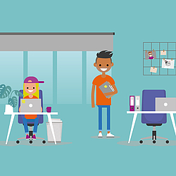 Illustration einer Bürosituation mit zwei Schreibtischen und einem Mann und einer Frau.