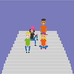 Illustration mehrerer junger Personen, die auf einer Treppe sitzen.