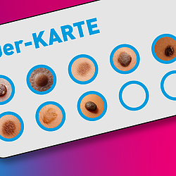 Sammelkarte mit Abbildungen von Muttermalen in den einzelnen Stempelfeldern.