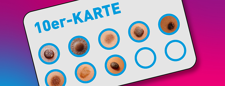Sammelkarte mit Abbildungen von Muttermalen in den einzelnen Stempelfeldern.