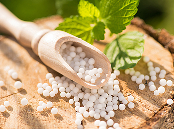 Kügelchen auf Holz und grünes Blatt