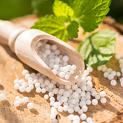 Kügelchen auf Holz und grünes Blatt