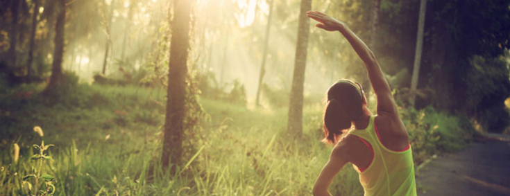 Joggerin dehnt Rücken im Wald Licht bricht durch die Bäume