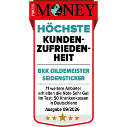 Testsiegel von Focus Money mit der Auszeichnung "Höchste Kundenzufriedenheit" für die BKK GILDEMEISTER SEIDENSTICKER