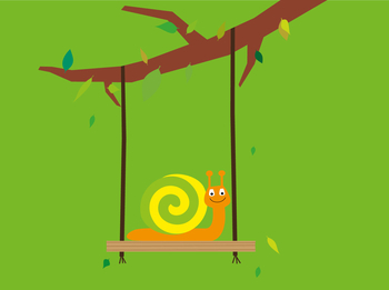 BKK GS Minikit Illustration - Eine fröhliche Schnecke sitzt auf einer Schaukel, die an einem Ast hängt, vor einem grünen Hintergrund.