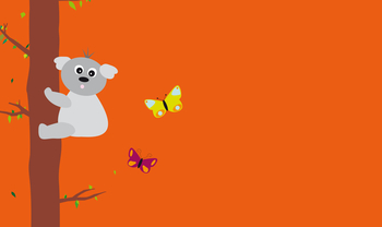 BKK GS Minikit Illustration - Ein Koala an einem Baum und Schmetterlinge auf einem orangenen Hintergrund. 
