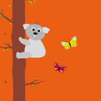 BKK GS Minikit Illustration - Ein Koala an einem Baum und Schmetterlinge auf einem orangenen Hintergrund.