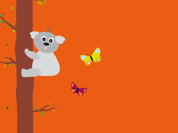 BKK GS Minikit Illustration - Ein Koala an einem Baum und Schmetterlinge auf einem orangenen Hintergrund. 