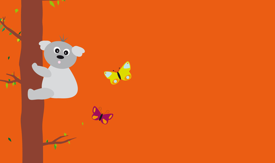 BKK GS Minikit Illustration - Ein Koala an einem Baum und Schmetterlinge auf einem orangenen Hintergrund. 