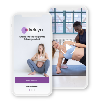 Auf dem Bildschirm eines Smartphones ist man die Startseite der keleya-App. Auf einem zweiten Bildschirm ist ein Video der App.