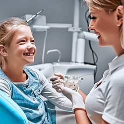 Mädchen mit Zahnärztin im Behandlungszimmer