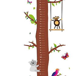 Illustrierte Kindermesslatte mit einem großen Baum und vielen kleinen Tieren.