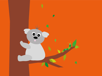 BKK GS Minikit Illustration - Ein Koala und eine Raupe sitzen auf einem Ast vor einem orangenen Hintergrund.
