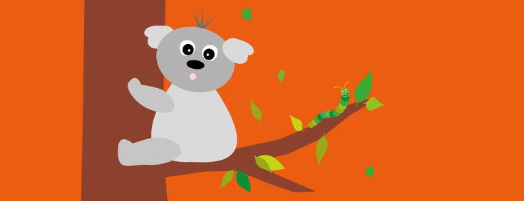 Illustration Koala-Bär an Baum mit Raupe