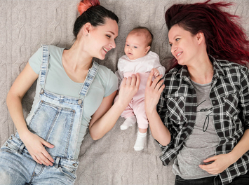 Zwei junge Frauen liegen auf dem Boden. Sie schauen lächelnd zu einem Baby in ihrer Mitte.