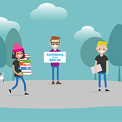 Illustration von drei jungen Personen. Sie stehen vor Bäumen. Eine Person trägt einen Stapel Bücher. Eine andere hält ein Schild mit der Aufschrift "Ausbildung bei der BKK GS".