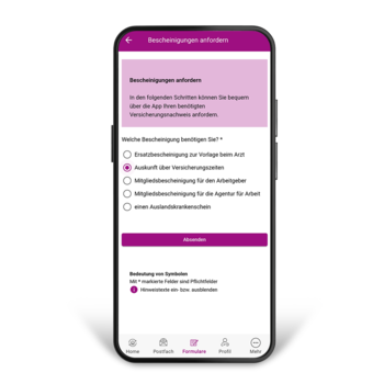 Auf dem Display eines Smartphones sieht man ein Formular in der BKK GS-App.