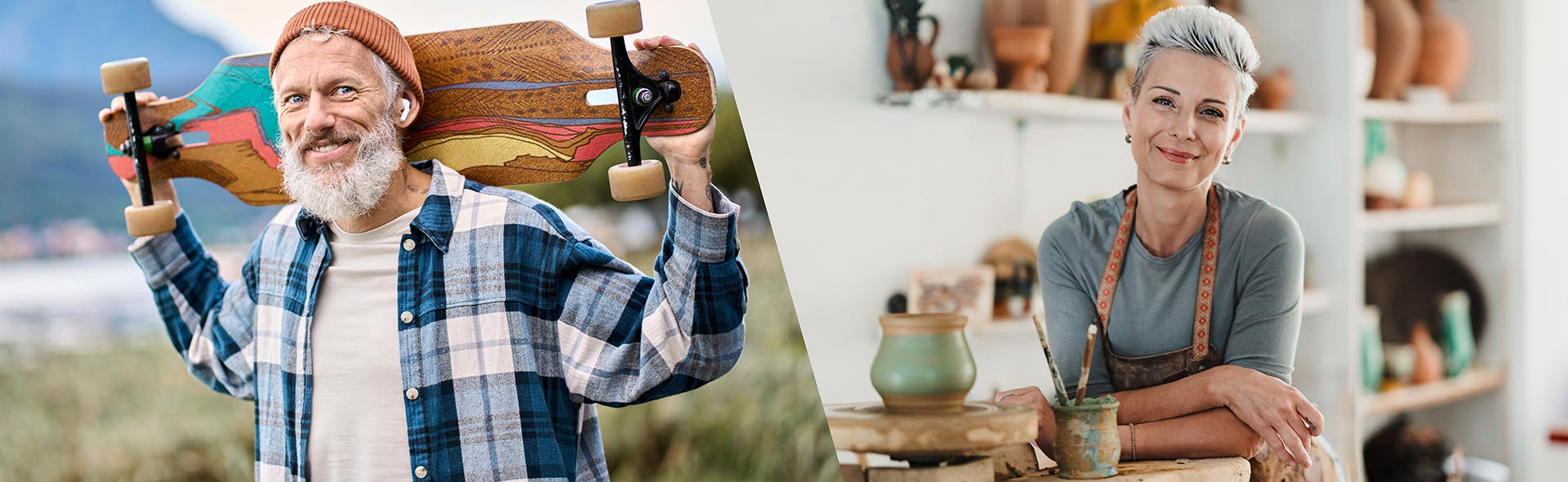 Lächelnde Person mit grauem Bart trägt ein Longboard über den Schultern und blickt in die Kamera.